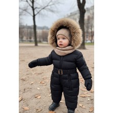 HC Kids Wear Bebek Kozmonot Tulum Kürk Kapşonlu Siyah