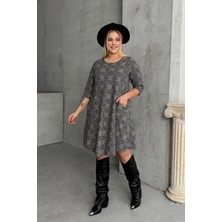 Büyük Beden Yarım Kollu Bisiklet Yaka Cepli Asimetrik Kesim Elbise 98-130