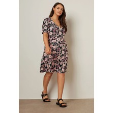 Büyük Beden V Yaka Kısa Kollu Çiçek Desenli Mini Elbise 137983