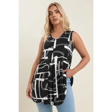 Büyük Beden V Yaka Sıfır Kol Pileli Desenli Likralı Bluz 304105