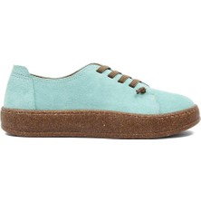 Kadın Turkuaz Bağcıklı Kalın Tabanlı Süet Deri Ayakkabı