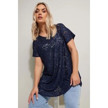 Büyük Beden V Yaka Kısa Kollu Astarsız Dantel T-Shirt 304095