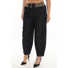 Büyük Beden Kadın Mom Fit Yüksek Bel Beli Lastikli Kot Pantolon