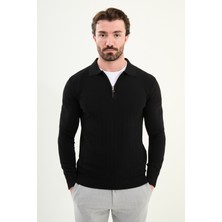 Desenli Slim Fit Polo Yaka Fermuarlı Yün Erkek Triko Kazak
