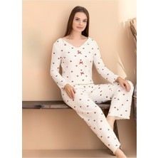 Kadın Kurdele Detaylı Kiraz Desenli U Yaka Likralı Pijama Takım
