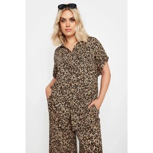 Stil Diva Büyük Beden Leopar Desenli Kısa Kollu Düğmeli Gömlek Kadın Rahat Kesim 321826