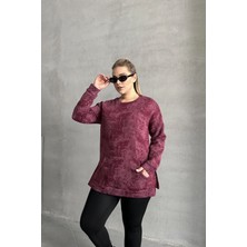 Büyük Beden Uzun Kollu Bisiklet Yaka Önü Cepli Desenli Sweatshirt 106-78