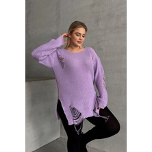 Büyük Beden Uzun Kollu Bisiklet Yaka Yırtık Detaylı Triko Kazak T-3