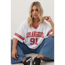 Büyük Beden V Yaka Kısa Kollu Baskılı File T-Shirt 303495