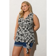 Büyük Beden V Yaka Sıfır Kol Önü Kuşaklı Desenli Bluz 322682