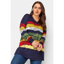 Büyük Beden V Yaka Çizgili Yanları Yırtmaçlı Uzun Kollu Bluz 303117