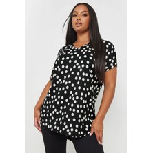 Büyük Beden V Yaka Kısa Kollu Puantiye Desenli Bluz 303496