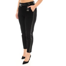 Büyük Beden Kadın Dar Paça Deri Şeritli Beli Lastikli Ekstra Battal Toparlayıcı Pantolon