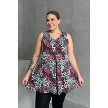 Büyük Beden V Yaka Sıfır Kol Çiçek Desenli Bluz 302261