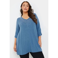 Büyük Beden V Yakası Taş Işlemeli Kolları Büzgülü Bluz 322297