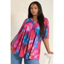 Büyük Beden Uzun Kolları Tül Detaylı Pileli V Yaka Bluz 321822