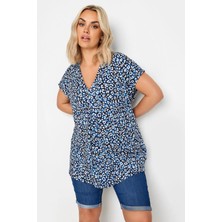 Büyük Beden V Yaka Leopar Desenli Kısa Kollu Bluz 321780