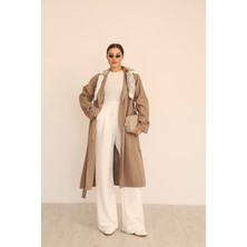 Kadın Vizon Fular Detaylı Kuşaklı Uzun Trençkot