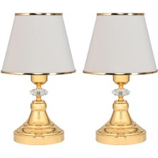 Art Deco Tarz Kristal Taş Süslü Metal Ayak ve Gold Şeritli Krem Başlık 2'li Abajur Seti Iki Adet
