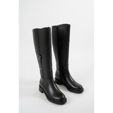 Hulbery Siyah Deri ( 3,5 cm Topuk Boyu) Yanı Tokalı Günlük Kadın Çizme