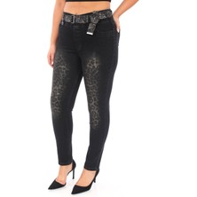 Büyük Beden Kadın Leopar Baskı Toparlayıcı Yüksek Bel Beli Lastikli Dar Paça Pantolon