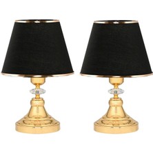 Art Deco Tarz Kristal Taş Süslü Metal Ayak ve Gold Şeritli Siyah Başlık 2'li Abajur Seti Iki Adet