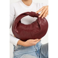 Kadın  Mini Baget Dügüm Detaylı Fermuarlı El Çanta Örgü Desenli