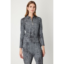 On Yakası Fermuarlı Batik Desenli Bluz Siyah 61336