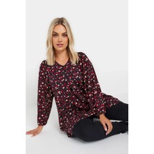 Büyük Beden V Yaka Uzun Kollu Çiçek Desenli Bluz 322098