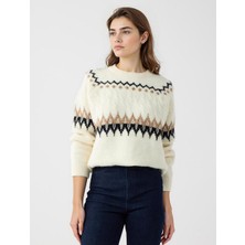 Jimmy Key Krem Rengi Bisiklet Yaka Uzun Kollu Triko Desenli Kazak