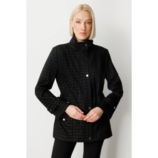 Ekol Kazayağı Desenli Kolları Apoletli Trenç Siyah 07041