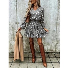 Kadın Uzun Kollu V Yakalı Belden Kuşaklı Puantiyeli Mini Modal Elbise