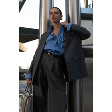 Mai Jessical Kadın Füme Çizgili Blazer Ceket Dokuma Kumaş Cepli Casual Stil