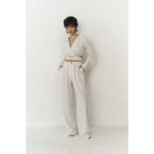 Bohemai Estila Bej Crop Pantolon Takım