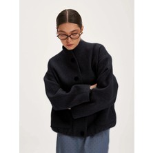 Siyay Siyah Fern Kadın Ceket Pamuk Kumaşlı Bol Kesim Uzun Kol Düz Desenli Astarlı