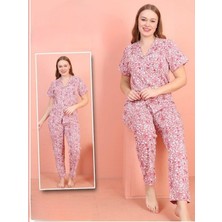 Önü Düğmeli V Yaka Kısa Kollu Pijama Takımı -Pembe