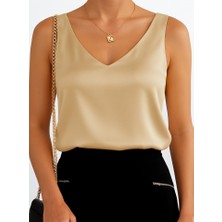 V Yaka Sıfır Kol Saten Bluz-Sarı