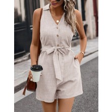 Kadın Sıfır Kollu Yakalı Düğmeli Belden Kuşaklı Kısa Keten Tulum