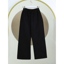 Bol Paça Beli Lastikli Bağcık Detaylı Kot Pantolon  -Siyah