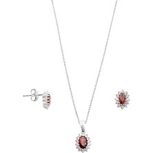 Oya Silver Mini Beyaz Işıltı Çevrili Lal Taşlı Oval Kadın Kolye Küpe Gümüş Set