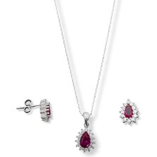 Oya Silver Minimal Beyaz Işıltı Çevrili Yakut Taşlı Damla Kadın Kolye Küpe Gümüş Set
