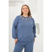 Yaka Detaylı Kol ve Eteği Büzgülü Büyük Beden Sweat Indigo