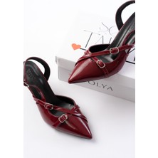 Pony Bordo Rugan ( 8 cm Topuklu ) Sivri Burun Kapalı Tokalı Arkası Açık Stiletto Ayakkabı
