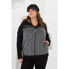 Kaşe Garnili Taşlı Büyük Beden Eşofman Üstü Siyah