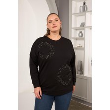 Taş ve Nakışlı Büyük Beden Sweatshirt Siyah