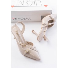 Pony Bej Rugan ( 8 cm Topuklu ) Sivri Burun Kapalı Tokalı Arkası Açık Stiletto Ayakkabı