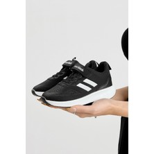 Tonny Black Çocuk Unisex Siyah Beyaz Eva Taban Yanı Şeritli File Detaylı Cırtlı Spor Ayakkabı