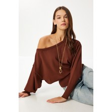 Açık Omuzlıu Triko Kazak LZA0015 Kahverengi