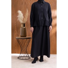 Fırfır Detaylı Gömlek Yaka Etekli Takım - Siyah