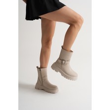 Tonny Black Kadın Bej Kalın Eva Taban Kemer Toka Detaylı Fermuarlı Bot